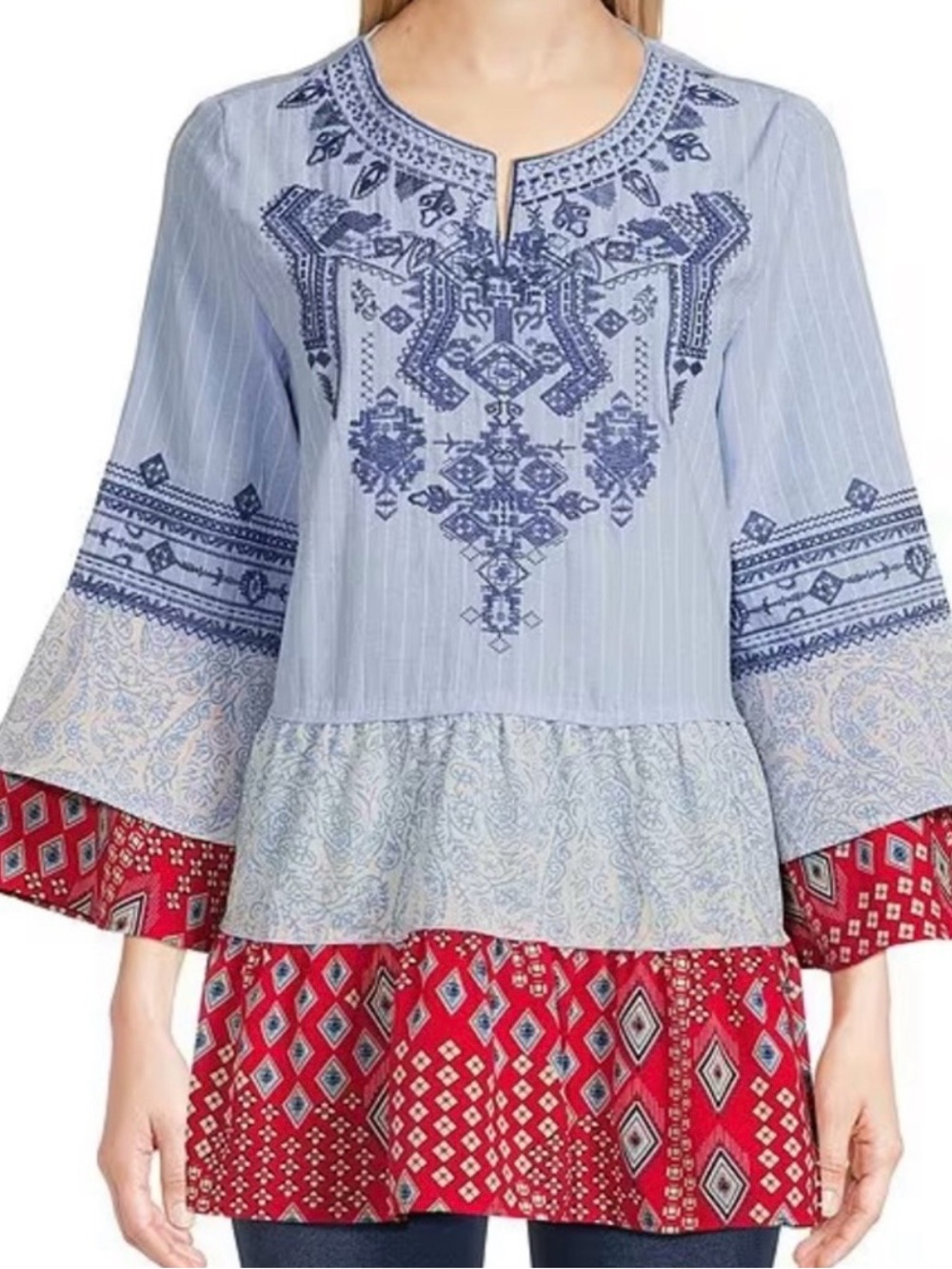 Calessa Embroidered Tunic Top Blue Red Patchwork Tiered Bell Sleeve Boho 2X